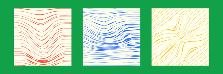 Set of three square backgrounds featuring abstract wave patterns in beige with unique compositions of curved lines in red, blue, and yellow.