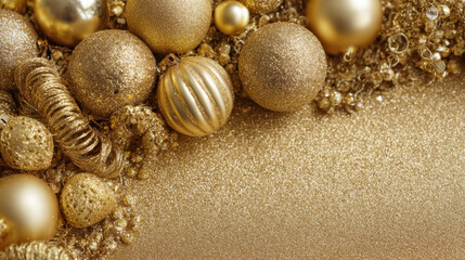 Golden ornaments and decorations create festive atmosphere, perfect for holiday celebrations. shimmering textures and rich hues evoke warmth and joy during season