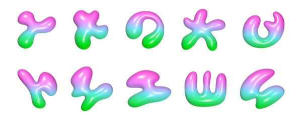 A creative arrangement of abstract 3d liquid shapes demonstrates vibrant colors and reflective surfaces. The shapes vary in form, showcasing fluidity and artistic innovation.