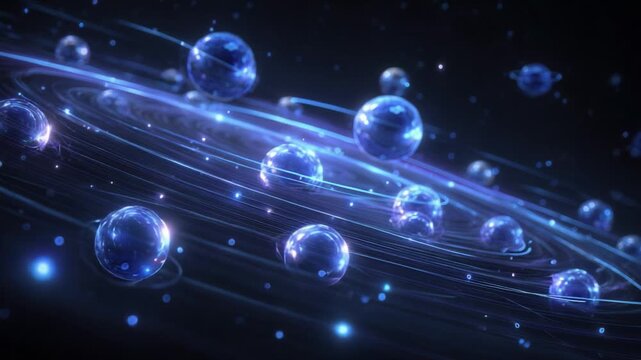 Blue neon spheres and luminous rings rotating in a cosmic spiral on a dark background, representing a mesmerizing journey through a futuristic, digital universe or a subatomic quantum structure