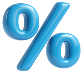 Bright blue glossy percentage symbol with transparent background graphic design isolated on a transparent background