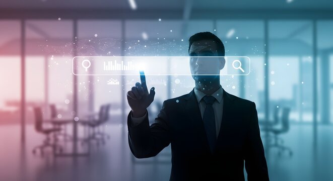 Businessman Interacting with Futuristic Search Bar and Data Visualization