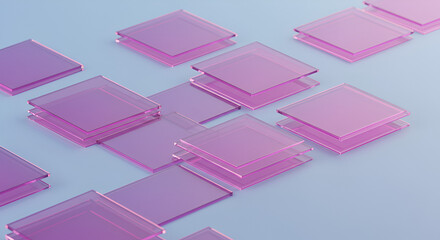 Elegant arrangement of stacked pink square transparent glass on light blue