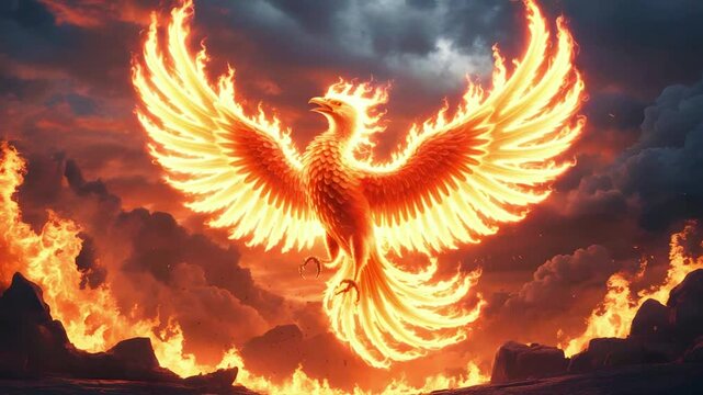 blazing phoenix made of fire beats its wings as streams of flames ripple and dance with every movement The bird glides through the fiery sky, sparks and embers swirling around while wav
