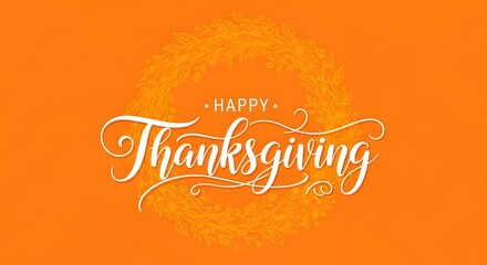 Happy thanksgiving text in white calligraphy on a vibrant orange background, with a subtle textured wreath effect, celebrating the autumn holiday