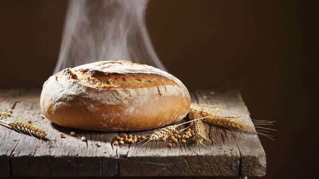 Freshly baked bread on a rustic wooden table with wheat grains 