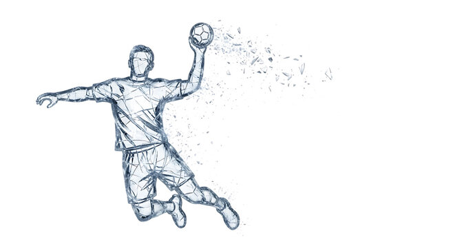 A handball player in midair, formed from splashing water droplets, isolated transparent, capturing the dynamic action of the sport