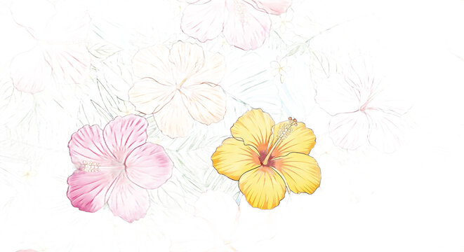 Fototapeta Delicate vector hibiscus plant decorative motif rendered in a watercolor style, featuring vibrant tropical flowers on a clean, flat background. An elegant floral pattern for diverse design projects