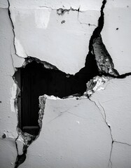 Close-up of a severely cracked and damaged white wall in grayscale, revealing a dark void within. Abstract texture of deterioration and decay.