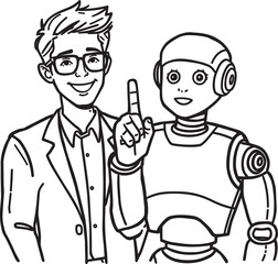 Minimal black-and-white line art of a smiling human and friendly robot raising one finger together. Represents AI-human collaboration, guidance, and technology. EPS-ready vector ideal for education,