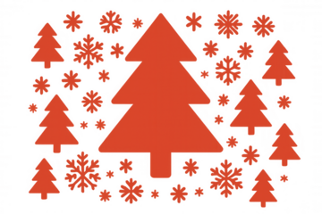 Red christmas trees and snowflakes on transparent background, winter holiday vector illustration
