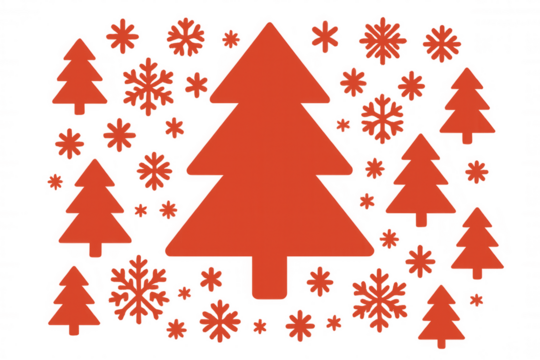 Red christmas trees and snowflakes on transparent background, winter holiday vector illustration