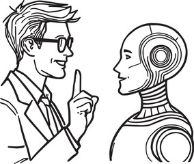 Minimal black-and-white line art of a smiling human and friendly robot raising one finger together. Represents AI-human collaboration, guidance, and technology. EPS-ready vector ideal for education,