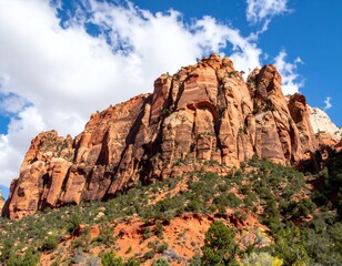Stunning red rock formations rise majestically against a vibrant blue sky with scattered clouds, showcasing the rugged beauty of a desert landscape.