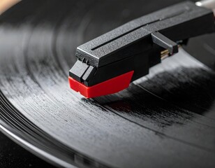 A turntable's red stylus carefully plays grooves on a black vinyl record, symbolizing analog sound, retro music, and classic listening experiences.