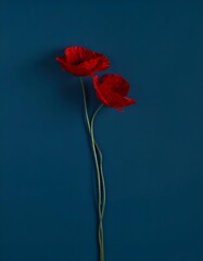 Vibrant red poppies against a deep blue background, perfect for elegance, remembrance, and design with copy space.