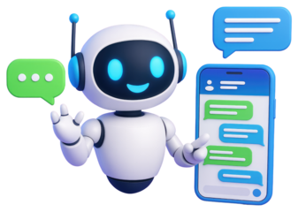 Cheerful cartoon robot with speech bubbles and smartphone displaying chat messages chatbot artificial intelligence isolated on a transparent background