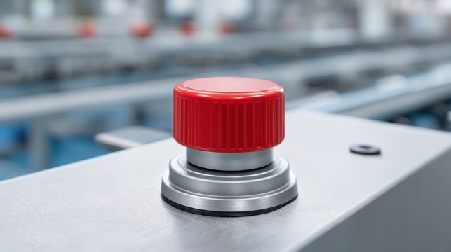 Red Emergency Stop Button on Industrial Equipment in Manufacturing Facility for Safety Mechanism and Process Control with Blurred Background