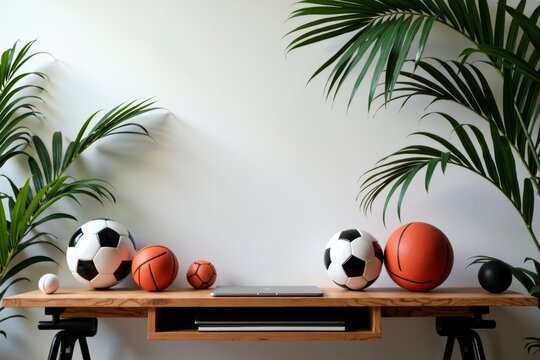 Sporty Flatlay: Rustic Desk Decorated with Sports Gear, Greenery, and Minimalist Accents - Powered by Adobe