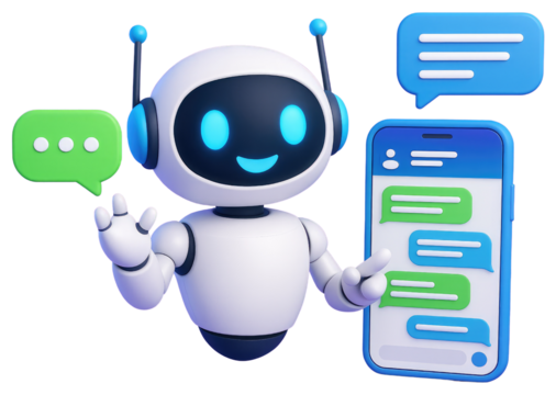 Cheerful cartoon robot with speech bubbles and smartphone displaying chat messages chatbot artificial intelligence isolated on a transparent background