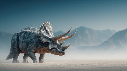 Obraz premium Majestic Triceratops Roaming a Prehistoric Landscape with Mountains in the Distance