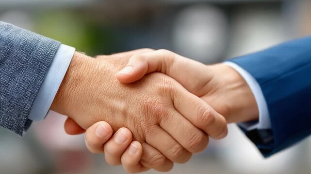 Handshake of Agreements: A close-up shot of two hands clasped firmly in a handshake, symbolizing unity, agreement, and the finalization of a successful business deal. 