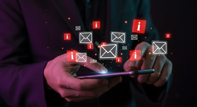 Businessman using smartphone with digital email icons and notifications - Powered by Adobe