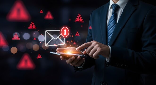 Businessman Using Smartphone with Email Security Warning and Alerts