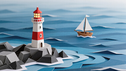 A miniature lighthouse and sailboat are meticulously crafted from paper, set on a paper sea with waves. The image captures a charming and creative diorama of a nautical scene.
