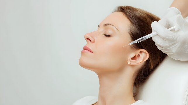 Beautiful young woman receiving botox injection in her face. Cosmetology concept with copy space.