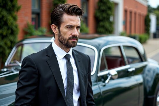Vintage Luxury: Handsome Man Embracing Classic Car in Sleek Suit - Powered by Adobe