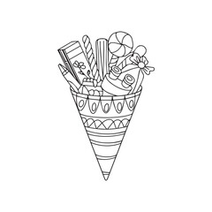 A large decorated cone filled with sweets, school supplies, and small gifts, Line Art. 