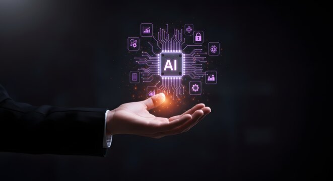 Businessman's Hand Holding AI Chip with Digital Icons - Powered by Adobe