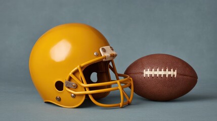 Vibrant Yellow Football Helmet Next to Classic Brown Leather Football on a Blue Background with Soft Lighting and Professional Photography Techniques