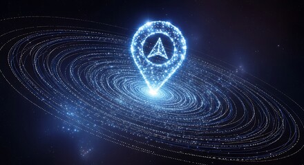 Dynamic digital location pinpoint glowing in cosmic vortex of data streams