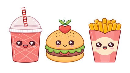 Cute Kawaii Cartoon Food Icons Set – Smiling Characters PNG on Transparent Background