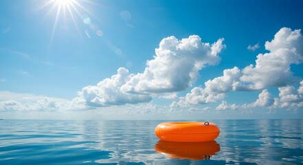 Orange Inflatable Inner Tube Floating on a Calm Blue Ocean