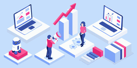 Obraz premium Isometric illustration of business growth strategy with data analysis technology and team collaboration