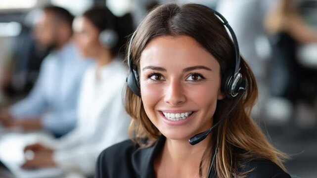 Smiling Call Center Support: A captivating female customer service professional, wearing a headset, delivers a friendly, warm smile, embodying helpfulness, assistance.