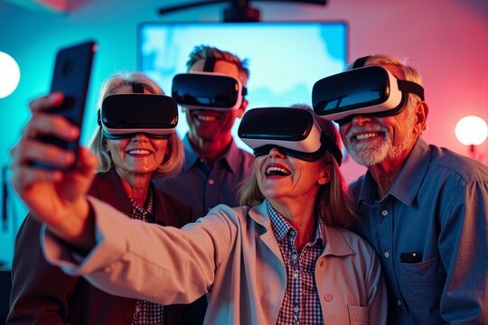 Elderly group immersing themselves in a virtual reality selfie with cutting-edge backgrounds and props.