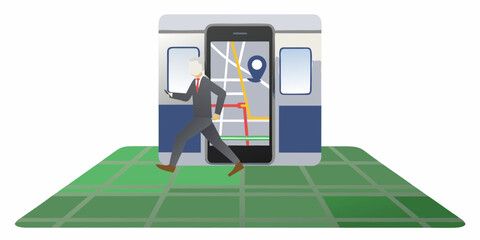 Businessman using a navigation app on his phone while approaching a subway train with a map displayed
