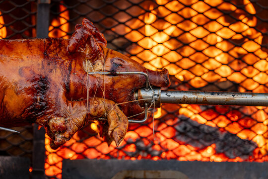Vue d&rsquo;un cochon entier cuit &agrave; la broche lors d&rsquo;une pr&eacute;paration traditio