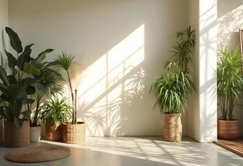 Fototapeta premium Sunlit Sanctuary: Indoor Plants Flourish in a Modern, Tranquil Home Setting.