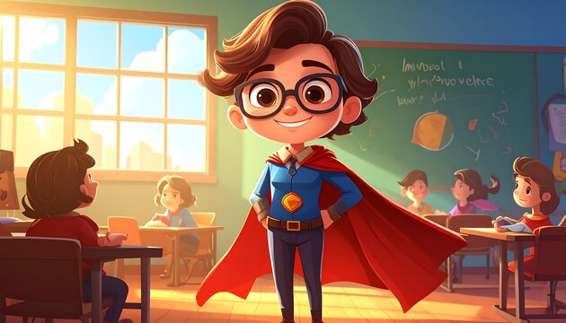 Smiling student superhero in classroom