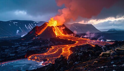 Volcanic Eruption at Dusk: Fiery Lava Flowing Down Mountainside