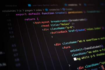 Close-up of code showing Component layout using JSX tags, class names, and form submission handling, ideal for representing frontend UI design, modern web app structure, and coding practice.