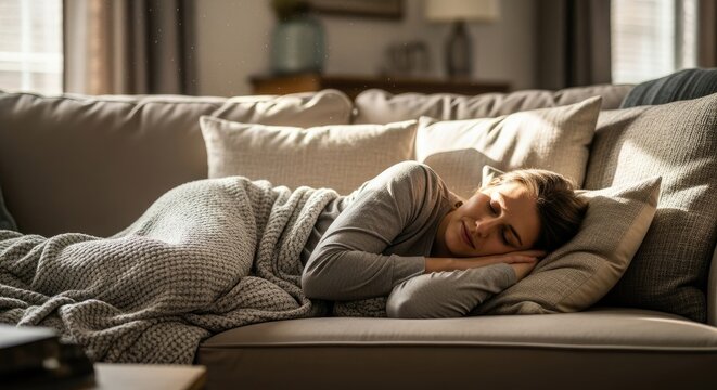 A woman sleeping on a couch with a blanket.
