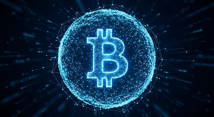Dynamic glowing Bitcoin symbol pulses within futuristic digital network globe on dark background