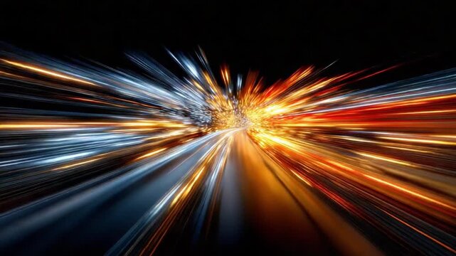 Rushing Lights of Innovation: A dynamic display of speed and energy, a blurred light streaks against the black. Capturing the fast pace of technological progress and advancement.