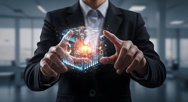 Businesswoman Interacting with Futuristic Data Cube - Powered by Adobe